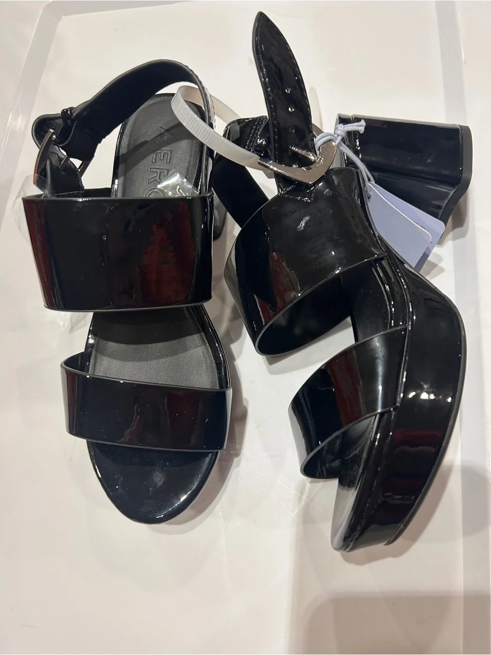 Aerosoles size 6W Camila Patent Platform Block-Heel Sandals Black NWOB